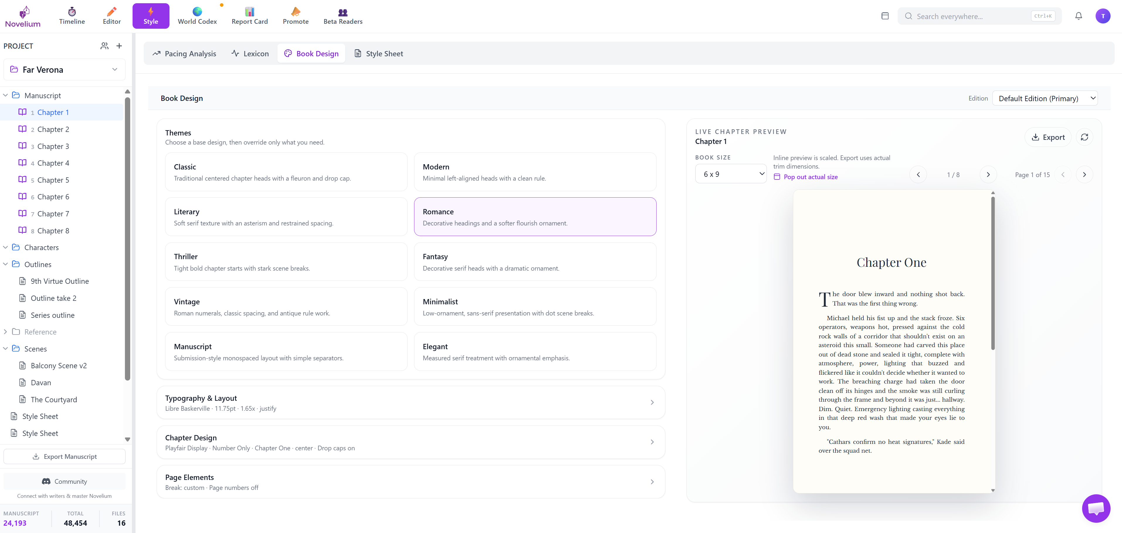 Novelium Book Design: theme picker, typography controls, and live book preview