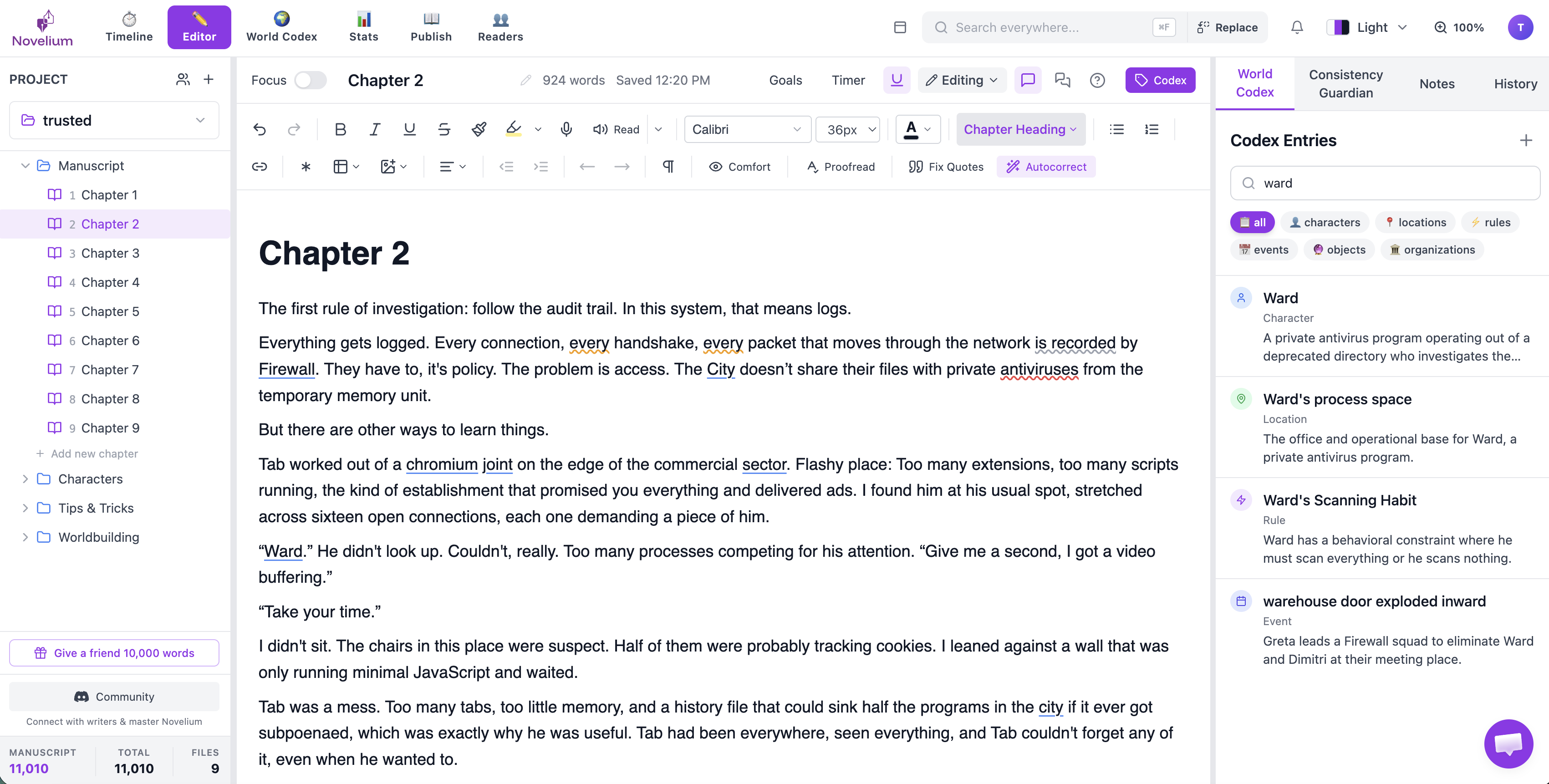 Novelium editor: manuscript writing with live consistency checking, character tracking, and world codex