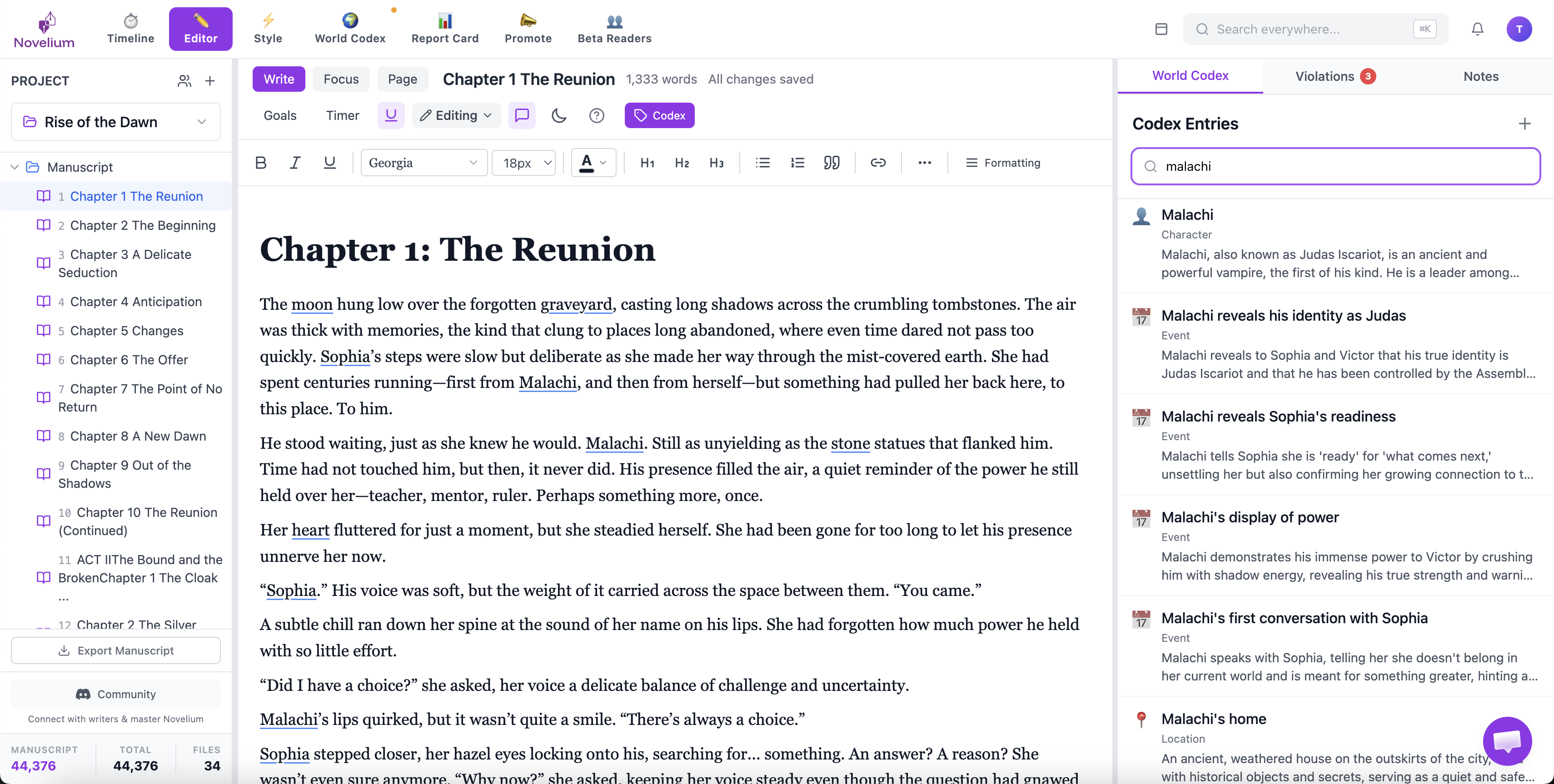 Novelium editor: manuscript writing with live consistency checking, character tracking, and world codex