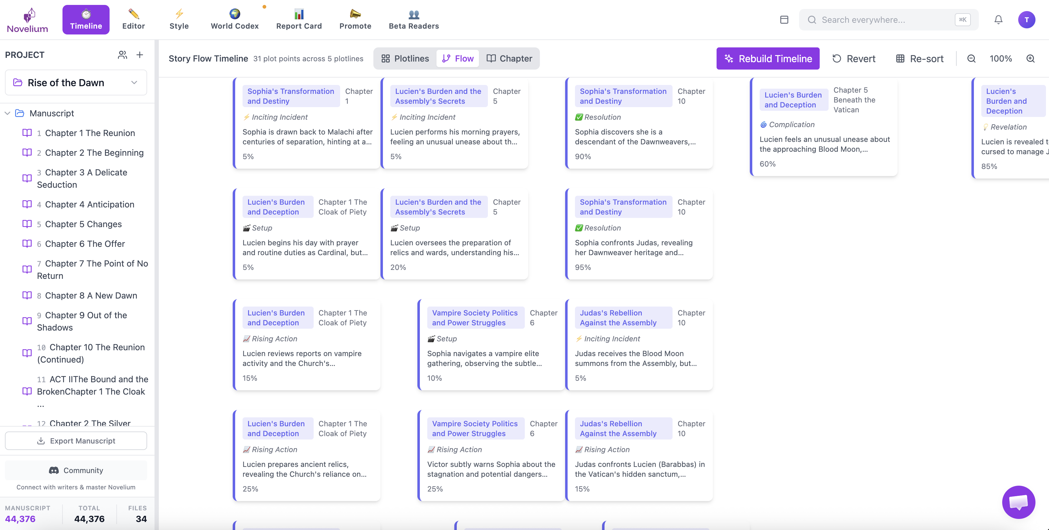 Novelium timeline view: visual story flow with plotlines, chapters, and scene cards